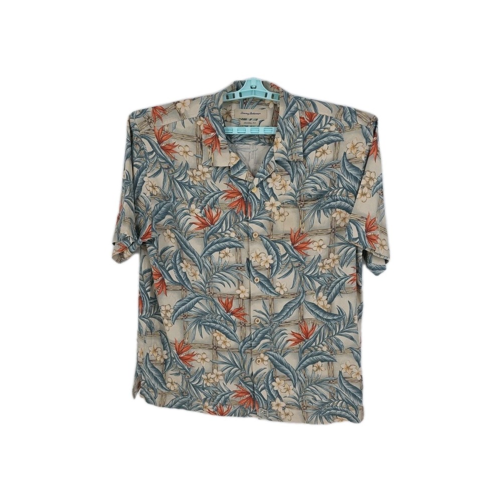 Tommy Bahama Gray Blue Orange Men's Floral/Leaf Pattern Short‎ Sleeve Size XL